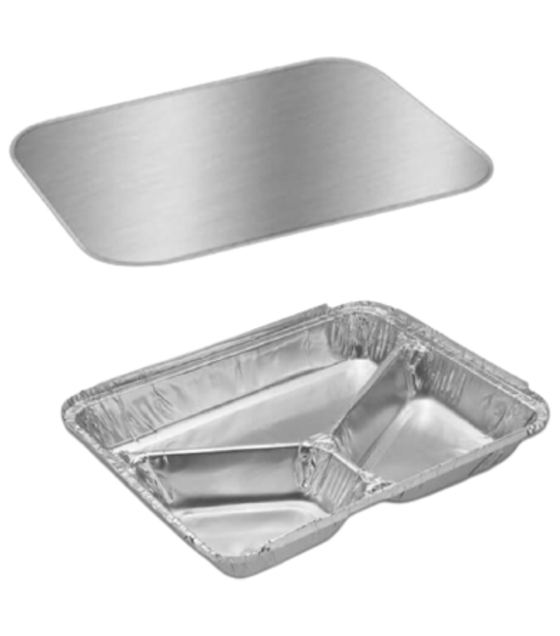 Disposable Aluminum Dinner Tray with Paper Lids 3 Compartment Foil